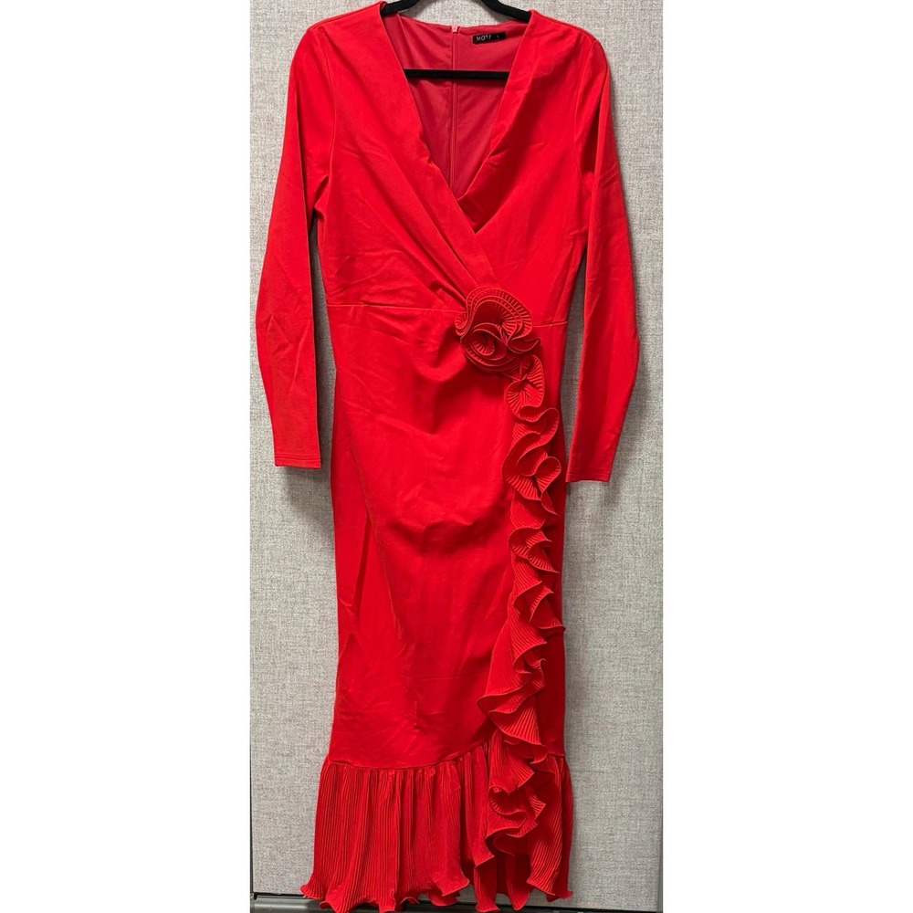 MOTF Red Rosette‎ Ruffle Midi Dress Long Sleeve V-Neck Size L NWT Romantic Party